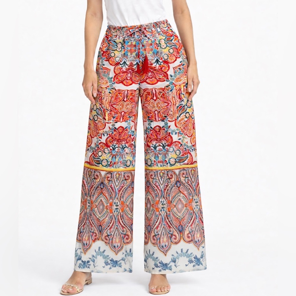 Angie Red and Blue Patterned Wide-Leg Pants Cottagecore Boho